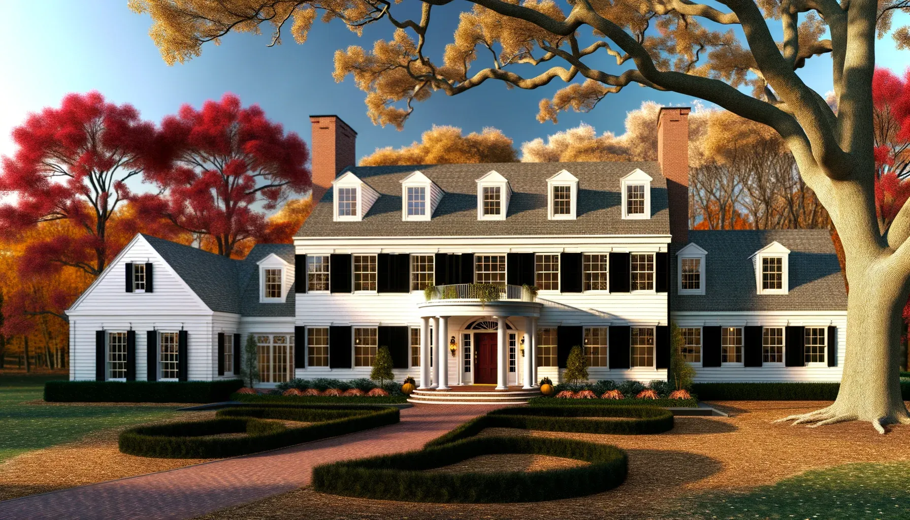 A white colonial house with black shutters and dormer windows behind a clipped hedge, under autumn trees