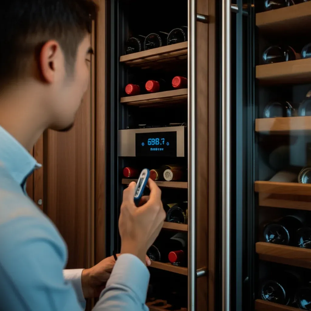 A person holding a small digital reader in front of an open wine cabinet loaded with bottles