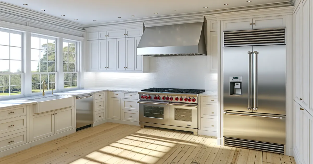 An empty white kitchen with shaker cabinets, a large range under a hood and a tall stainless built-in refrigerator
