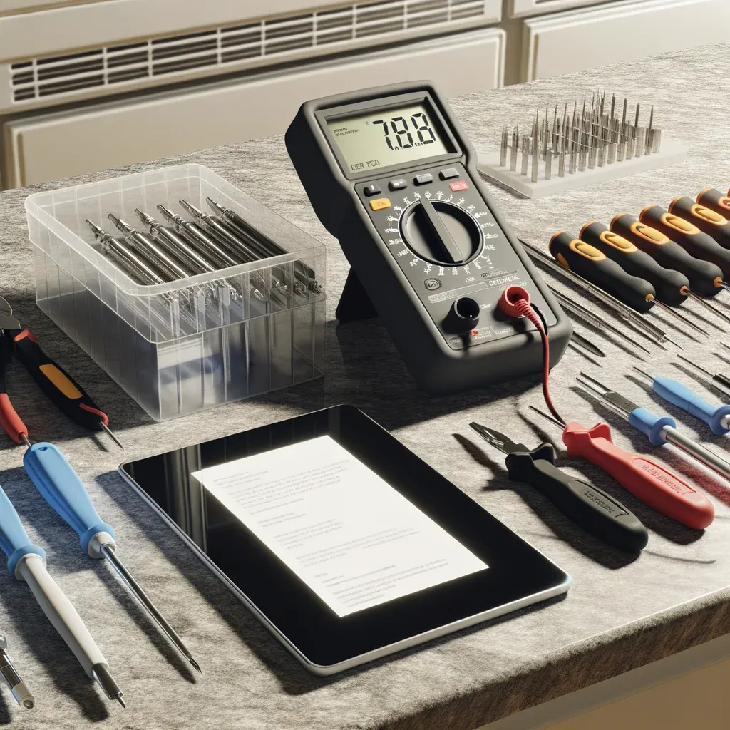 A digital multimeter, a case of driver bits, screwdrivers and a tablet laid out on a worktop