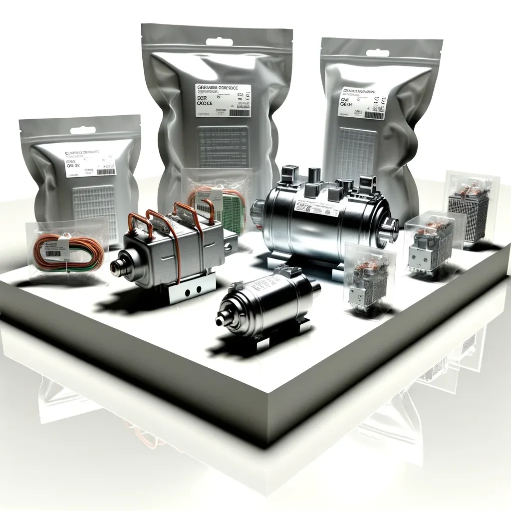 Compressors, valves and small motors arranged in rows on a white surface beside sealed parts bags